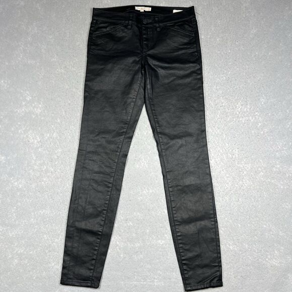 Tory Burch Pants Faux Leather Wax Coated SZ 27 Skinny High Waist Logo 5-Pockets - Picture 1 of 14